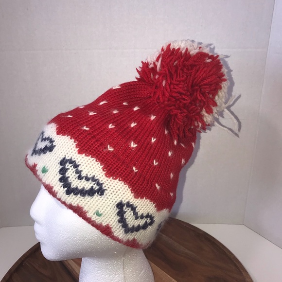 Vtg 80s Marceau pom-pom wool hat hearts winter red - Picture 3 of 8